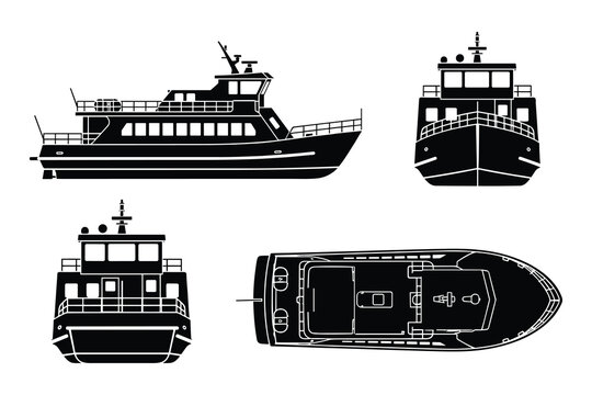 Detailed silhouette set of ferry boat in multiple views, side, front, top, and back, vector illustration