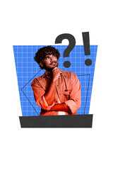 Trend artwork composite sketch image 3D photo collage of caricature young man hand hold face think...