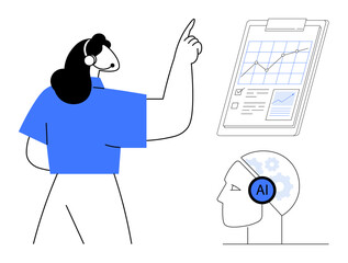 Female figure pointing at data chart, clipboard with analytics, and AI head with gears. Ideal for technology, AI, data science, innovation, education teamwork creative thinking. Minimalist flat
