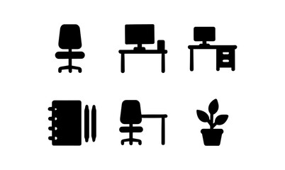 Office furniture icon set with desk chair and computer in silhouette style