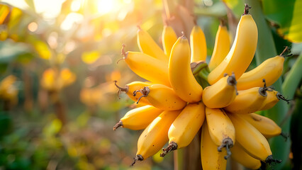 Bunch of Ripe Bananas Growing on a Tree at Sunrise. Tropical Fruit, Healthy Food, Organic Farming.