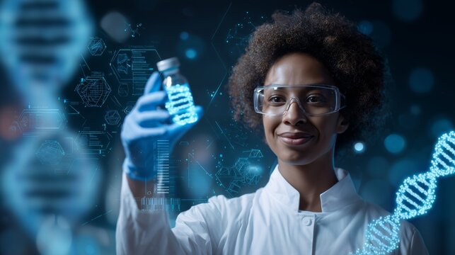 African American woman scientist holding DNA vial in laboratory with digital holograms and data