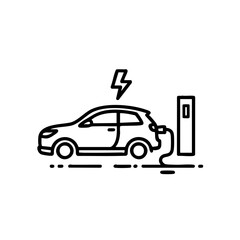 Car is charging at a charging station. The car is black and white