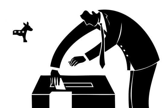 Man is voting in a black and white drawing. The man is wearing a suit and tie and is leaning over a box with a paper in it. Concept of seriousness and formality