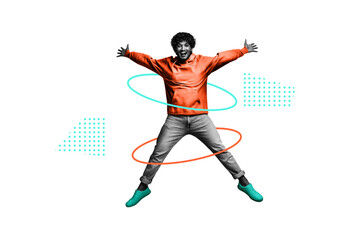Collage picture artwork of cheerful joyful man jumping up isolated on painted creative background