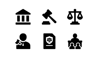 Legal and justice icon set: courthouse, gavel, scales, lawyer, document, courtroom