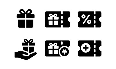 Gift and coupon icons set: black silhouette designs for discounts and rewards