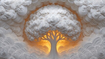 Artistic representation of a glowing tree surrounded by abstract cloud formations