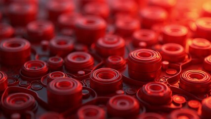 Close-up of abstract red circular shapes and rings creating a modern, futuristic pattern. Soft lighting and smooth texture evoke a sense of technology and innovation.