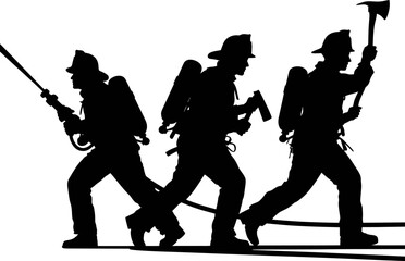 Naklejka premium Vector art of silhouettes of three firefighters in uniform with helmets, carrying equipment and running