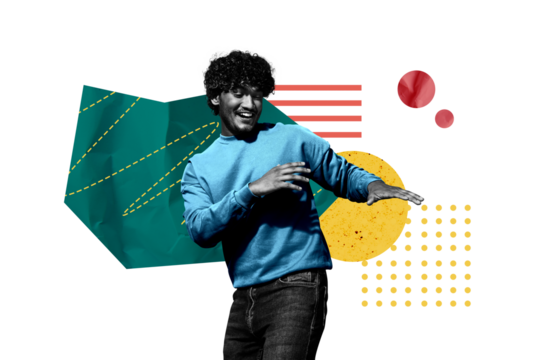 Composite photo collage of happy excited american guy dance party leisure time fun entertainment atmosphere isolated on painted background