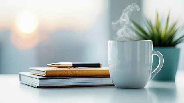Morning coffee mug and notebook on desk with sunrise background