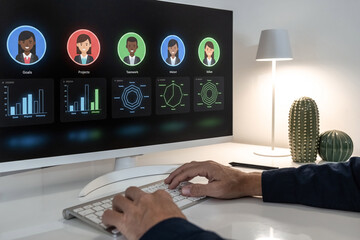 Manager analyzing employee performance data, goals, and skillsets on a modern HR dashboard