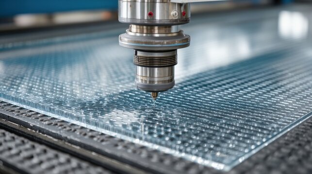 Precision laser cutting machine in action on a clear textured glass surface in a modern industrial setting