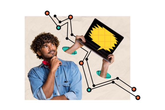 Artwork 3d collage poster of handsome man analyzing money income modern device isolated on drawing background