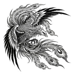 Phoenix Sumi-e Tattoo Illustration – Expressive Black Ink Art