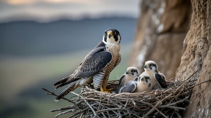 Peregrine falcon with its chicks in a nest on a cliffside family portrait of wild birds in their natural habitat showing maternal care and wildlife preservation