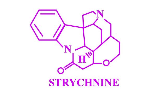 Strychnine molecule rotating on white and 4k animation