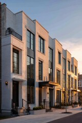 Naklejka premium Modern townhouse design in urban setting showcases clean lines and contemporary architecture during sunset at a peaceful neighborhood