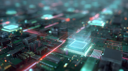Close-up of a futuristic circuit board with glowing components and digital elements.