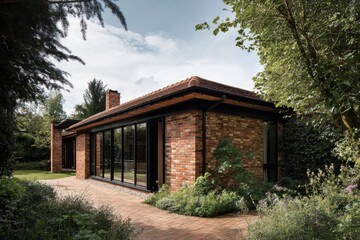 This contemporary brick house, featuring expansive windows, is beautifully nestled amidst lush greenery, all set within a tranquil garden environment on a bright, sunny day