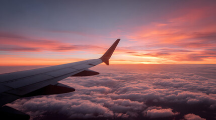 Obraz premium Airplane wing against a stunning sunset over a sea of clouds.