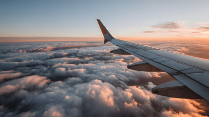 Airplane wing soaring above a sea of clouds during a vibrant sunset.