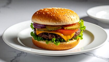 Delicious Hamburger on a White Plate - A Close-Up Shot of a Classic Meal.