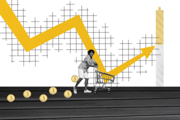 Photo collage picture young man shopping cart supermarket economy increase money earnings profit trade success stocks direction up