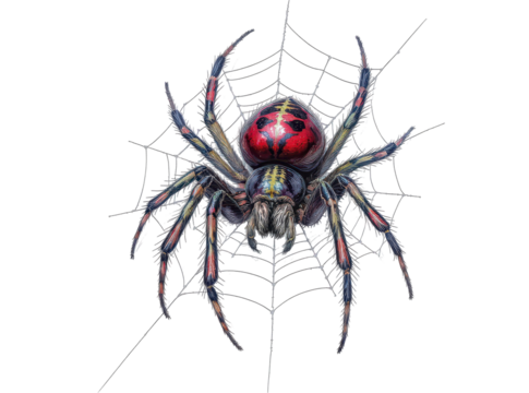 detailed illustration of colorful spider on intricate web against black background