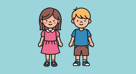 Colorful Boy and Girl Vector Icons – Full Body Front View Characters with Bold Outline, Flat Minimal People Illustration Set
