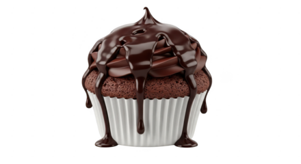 A decadent chocolate cupcake with rich chocolate frosting and drizzles, isolated on transparent background