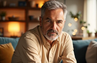 Fototapeta premium A mature man with gray hair and beard sitting indoors in a cozy living room setting