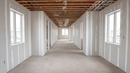 Fototapeta premium Spacious Unfinished Interior of a Residential Building with Drywall Installation and Natural Light Flowing Through Windows