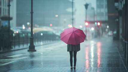 Woman with Pink Umbrella Walking Alone in Rainy City Street Seeking Solace and Reflection