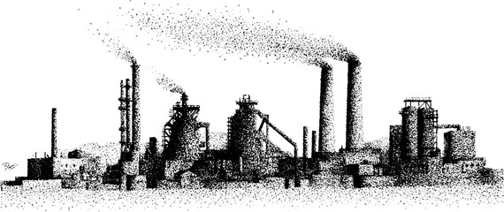 Obraz premium Industrial factory silhouette in detailed dotwork stipple effect for artistic design