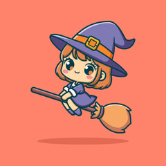 Cute Witch Flying With Broom Cartoon Vector Art, Illustration and Graphic