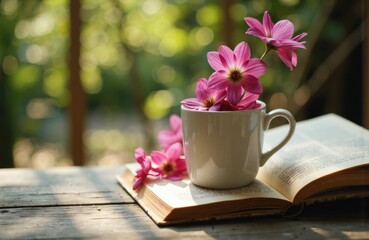 A white ceramic mug filled with pink flowers resting on an open book in natural sunlight