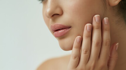 Close up of a young woman touching her face with a gentle hand highlighting skincare routine and beauty concept for radiant and healthy complexion focus on well being and natural beauty