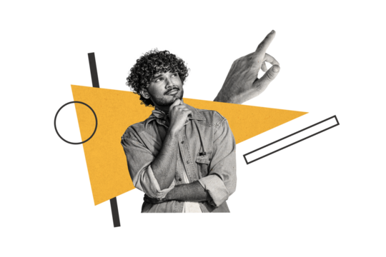 Composite photo collage of serious man hold chin think business decision contemplation hand point finger isolated on painted background