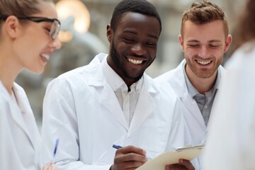 Diverse Team of Scientists Collaborating and Smiling in Modern Laboratory.