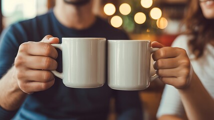 Cozy Coffee Date A Close Up of Two People Holding White Mugs with Bokeh Lights Creating a Warm and Inviting Atmosphere for Connection