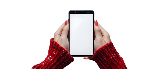 woman holding phone with blank screen at Christmas, cut out