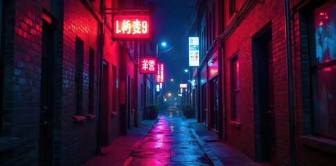Neon Signs Illuminate Dark City Alleyway Vibrant Colors, Dynamic Urban Nightscape
