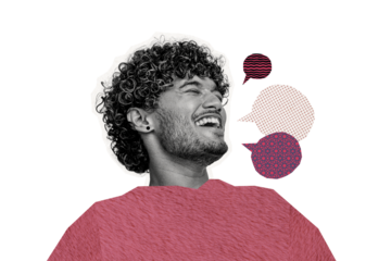 Composite photo collage of happy laughed guy text box communication bubble speak sound voice talk isolated on painted background