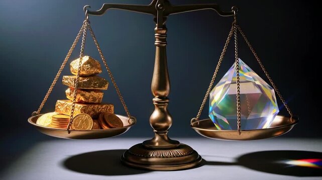 A golden balance scale with gold & bitcoin on one side vs. a faceted gem on the other
