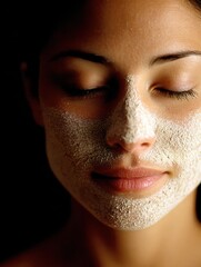 A woman with a facial mask smiles gently, her eyes closed, highlighting a serene moment of self-care and relaxation.