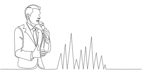 Businessman Presenting with Mic, line art, One Line Style vector illustration
