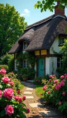 Charming Thatched Cottage in Vibrant Rose Garden, Idyllic English Countryside Scene, Perfect for Travel and Lifestyle Projects