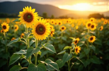 Sunflowers blooming in a field during sunset with warm golden light and lush green leaves